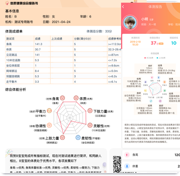 幼儿体质综合评估报告 综合各项身体数据，深度了解幼儿的发育情况。 为日后个性化训练提供数据基础。